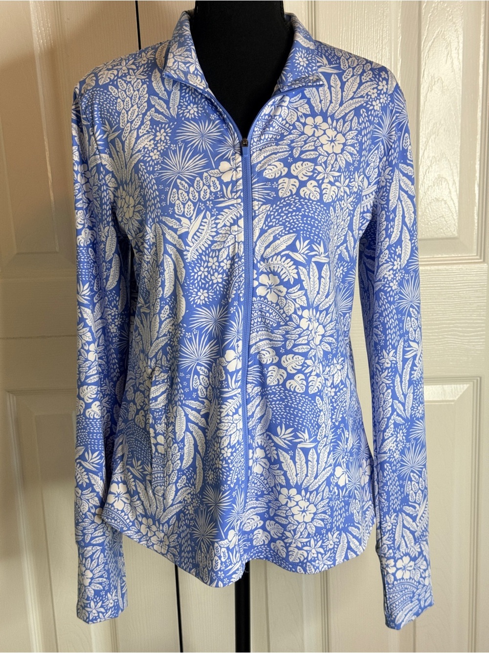 Tommy Bahama Everyday Active Tropical Floral Full Zip Jacket EUC L Blue White